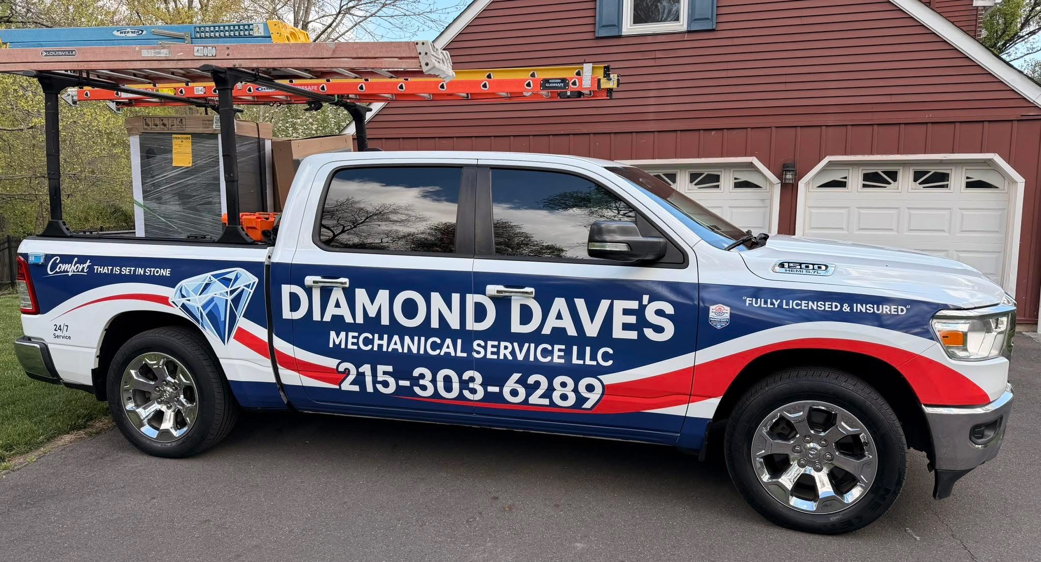 Diamond Dave's Mechanical Services truck — fully wrapped in red, white, and blue with the diamond logo and Trevose, PA phone number